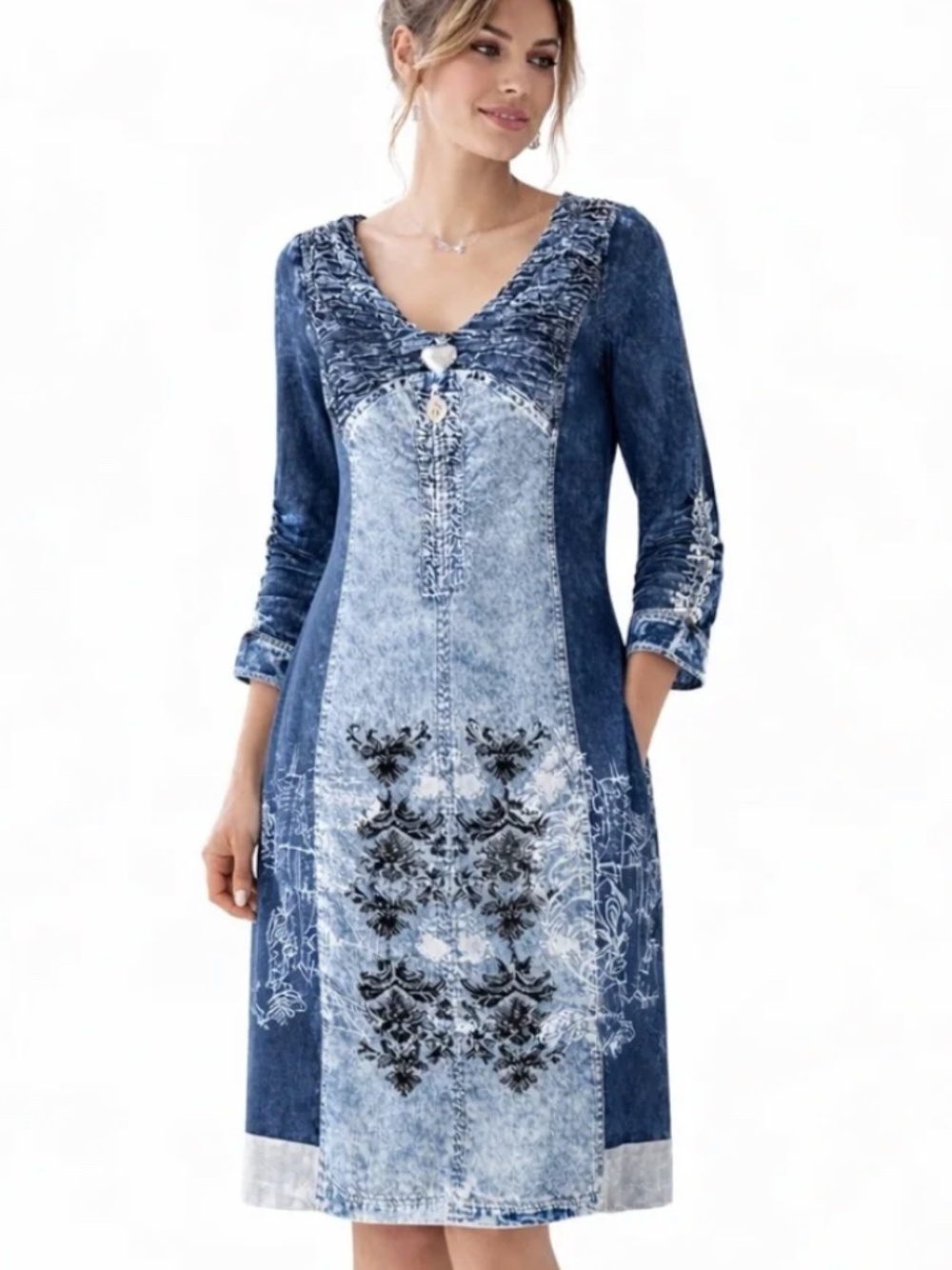 Elisa Cavaletti Italian Designer Ruched Denim Print Dress Lagenlook Boho Tunic M